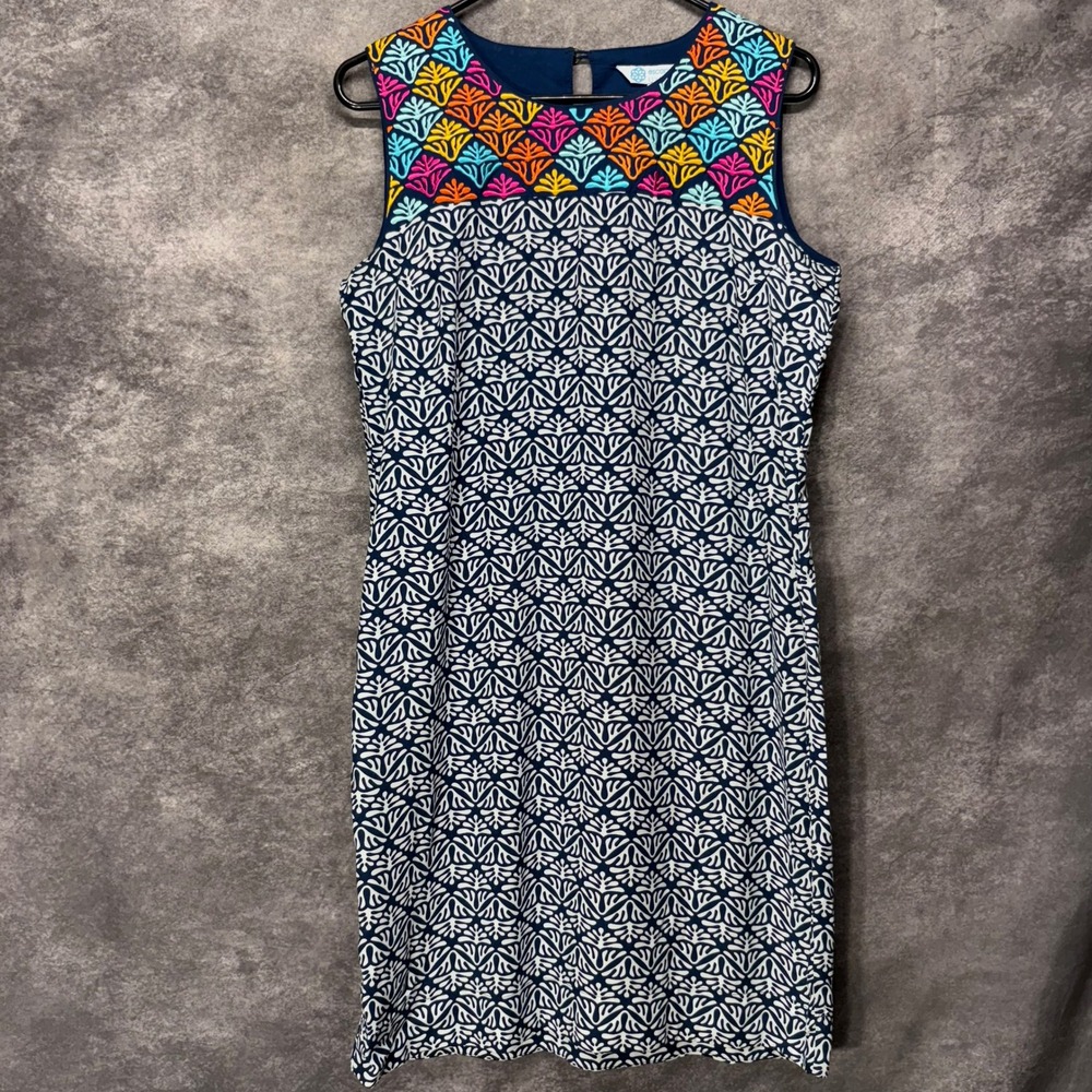 Escapada Living Embroidered Shift Dress Size S Navy Blue Geometric Sleeveless